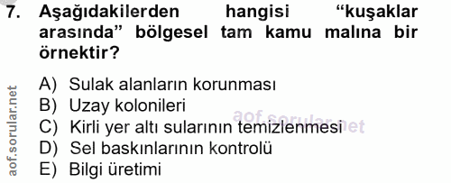 7. soru: Aşağıdakilerden hangisi "kuşaklar arasında" bölgesel tam kamu malına bir örnektir? A) Sulak alanların korunması C) Ki…