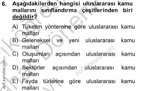 6. soru: Aşağıdakilerden hangisi uluslararası kamu mallarını sınıflandırma çeşitlerinden biri değildir? A) Tüketim yöntemine g…