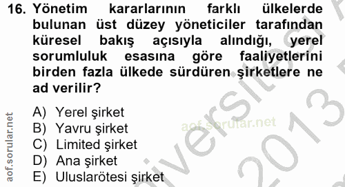 16. soru: Yönetim kararlarının farklı ülkelerde bulunan üst düzey yöneticiler tarafından küresel bakış açısıyla alındığı, yerel…