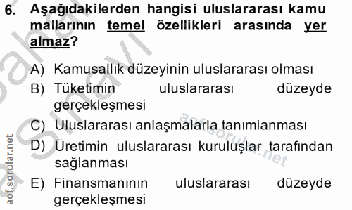 6. soru: Aşağıdakilerden hangisi uluslararası kamu mallarının temel özellikleri arasında yer almaz? A) Kamusallık düzeyinin ul…