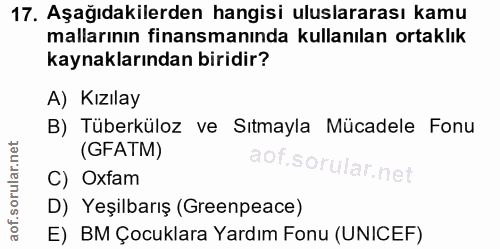 17. soru: Aşağıdakilerden hangisi uluslararası kamu mallarının finansmanında kullanılan ortaklık kaynaklarından biridir? A) Kız…