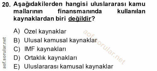 20. soru: Aşağıdakilerden hangisi uluslararası kamu mallarının finansmanında kullanılan kaynaklardan biri değildir? A) Özel kay…