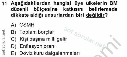 11. soru: Aşağıdakilerden hangisi üye ülkelerin BM düzenli bütçesine katkısını belirlemede dikkate aldığı unsurlardan biri deği…