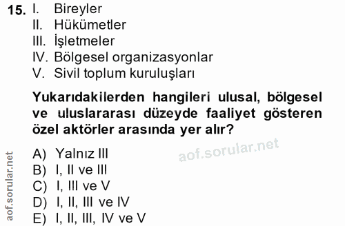 15. soru: I. Bireyler II. Hükümetler IlI. İşletmeler IV. Bölgesel organizasyonlar V. Sivil toplum kuruluşları Yukarıdakilerden…