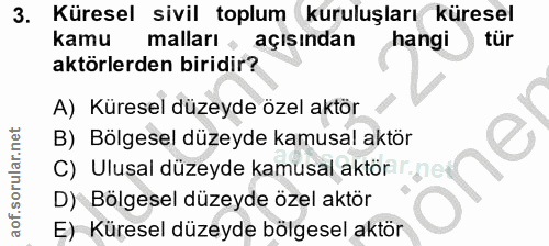 3. soru: Küresel sivil toplum kuruluşları küresel kamu malları açısından hangi tür aktörlerden biridir? A) Küresel düzeyde öze…