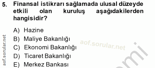 5. soru: Finansal istikrarı sağlamada ulusal düzeyde etkili olan kuruluş aşağıdakilerden hangisidir? A) Hazine B) Maliye Bakan…
