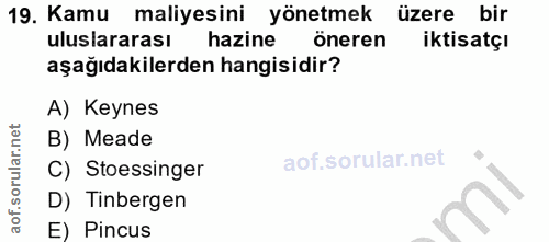 19. soru: Kamu maliyesini yönetmek üzere bir uluslararası hazine öneren iktisatçı aşağıdakilerden hangisidir? A) Keynes B) Mead…