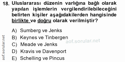 18. soru: Uluslararası düzenin varlığına bağlı olarak yapılan işlemlerin vergilendirilebileceğini belirten kişiler aşağıdakiler…