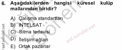 6. soru: Aşağıdakilerden hangisi küresel kulüp mallarından biridir? A) Çalışma standartları B) INTELSAT C) Sıtma tedavisi D) İ…