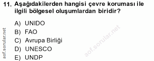 11. soru: Aşağıdakilerden hangisi çevre koruması ile ilgili bölgesel oluşumlardan biridir? A) UNIDO B) FAO f.sorular.ne C) Avru…