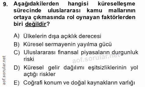 9. soru: Aşağıdakilerden hangisi küreselleşme sürecinde uluslararası kamu mallarının ortaya çıkmasında rol oynayan faktörlerde…