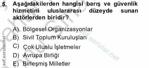 5. soru: Aşağıdakilerden hangisi barış ve güvenlik hizmetini uluslararası düzeyde sunan aktörlerden biridir? A) Bölgesel Organ…