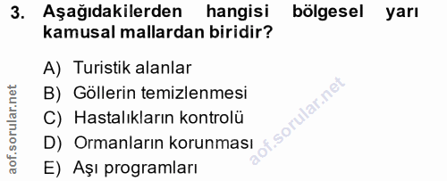3. soru: Aşağıdakilerden hangisi bölgesel yarı kamusal mallardan biridir? A) Turistik alanlar B) Göllerin temizlenmesi D) Orma…