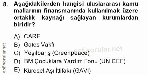 8. soru: Aşağıdakilerden hangisi uluslararası kamu mallarının finansmanında kullanılmak üzere ortaklık kaynağı sağlayan kuruml…