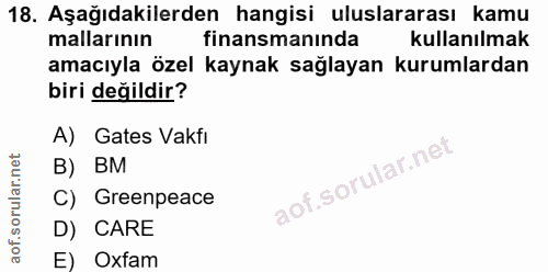 18. soru: Aşağıdakilerden hangisi uluslararası kamu mallarının finansmanında kullanılmak amacıyla özel kaynak sağlayan kurumlar…