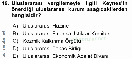 19. soru: Uluslararası vergilemeyle ilgili Keynes'in önerdiği uluslararası kurum aşağıdakilerden hangisidir? A) Uluslararası Ha…