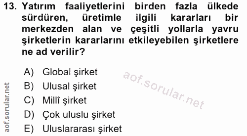 13. soru: Yatırım faaliyetlerini birden fazla ülkede sürdüren, üretimle ilgili kararları bir merkezden alan ve çeşitli yollarla…