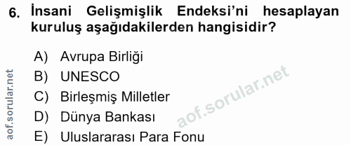 6. soru: İnsani Gelişmişlik Endeksi'ni hesaplayan kuruluş aşağıdakilerden hangisidir? A) Avrupa Birliği B) UNESCO iof. C) Birl…