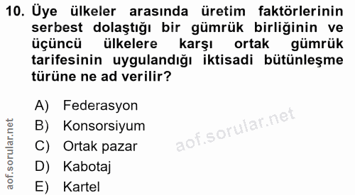 10. soru: Uye ülkeler arasında üretim faktörlerinin serbest dolaştığı bir gümrük birliğinin ve üçüncü ülkelere karşı ortak gümr…