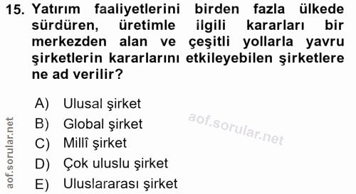 15. soru: Yatırım faaliyetlerini birden fazla ülkede sürdüren, üretimle ilgili kararları bir merkezden alan ve çeşitli yollarla…