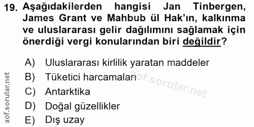 19. soru: Aşağıdakilerden hangisi Jan Tinbergen, James Grant ve Mahbub ül Hak'ın, kalkınma ve uluslararası gelir dağılımını sağ…