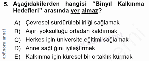 5. soru: Aşağıdakilerden hangisi "Binyıl Kalkınma Hedefleri" arasında yer almaz? A) Çevresel sürdürülebilirliği sağlamak B) Aş…