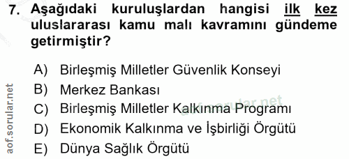 7. soru: Aşağıdaki kuruluşlardan hangisi ilk kez uluslararası kamu malı kavramını gündeme getirmiştir? A) Birleşmiş Milletler…