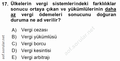 17. soru: Ulkelerin vergi sistemlerindeki farklılıklar sonucu ortaya çıkan ve yükümlülerinin daha az vergi ödemeleri sonucunu d…