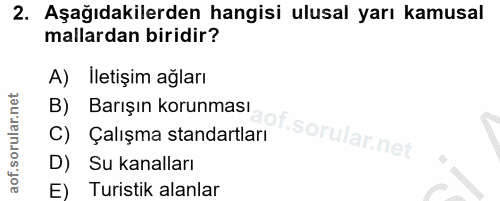 2. soru: Aşağıdakilerden hangisi ulusal yarı kamusal mallardan biridir? A) Iletişim ağları B) Barışın korunması C) Çalışma sta…
