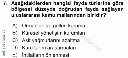 7. soru: Aşağıdakilerden hangisi fayda türlerine göre bölgesel düzeyde doğrudan fayda sağlayan uluslararası kamu mallarından b…