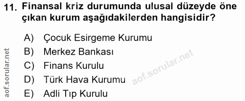 11. soru: Finansal kriz durumunda ulusal düzeyde öne çıkan kurum aşağıdakilerden hangisidir? A) Çocuk Esirgeme Kurumu B) Merkez…