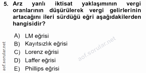 5. soru: Arz yanlı iktisat yaklaşımının vergi oranlarının düşürülerek vergi gelirlerinin artacağını ileri sürdüğü eğri aşağıda…