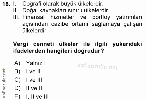 18. soru: I. Coğrafi olarak büyük ülkelerdir. Il. Doğal kaynakları sınırlı ülkelerdir. III. Finansal hizmetler ve portföy yatır…