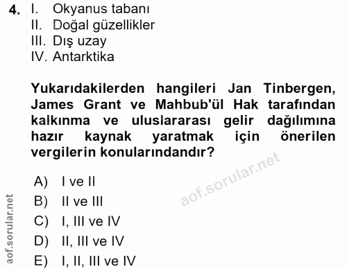 4. soru: I. Okyanus tabanı II. Doğal güzellikler III. Dış uzay IV. Antarktika Yukarıdakilerden hangileri Jan Tinbergen, James…