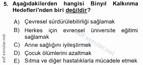 5. soru: Aşağıdakilerden hangisi Binyıl Kalkınma Hedefleri'nden biri değildir? A) Çevresel sürdürülebilirliği saglamak B) Herk…