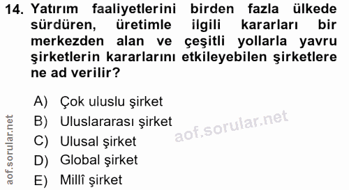14. soru: Yatırım faaliyetlerini birden fazla ülkede sürdüren, üretimle ilgili kararları bir merkezden alan ve çeşitli yollarla…