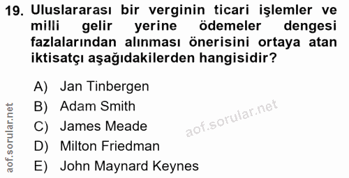 19. soru: Uluslararası bir verginin ticari işlemler ve milli gelir yerine ödemeler dengesi fazlalarından alınması önerisini ort…