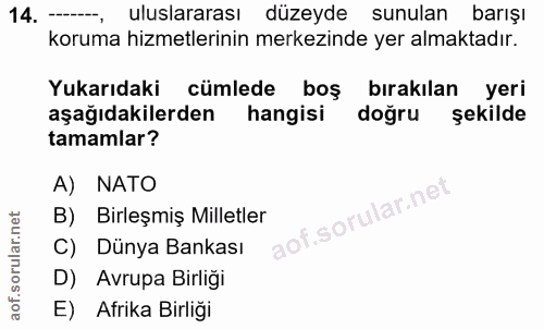 14. soru: --, uluslararası düzeyde sunulan barışı koruma hizmetlerinin merkezinde yer almaktadır. Yukarıdaki cümlede boş bırakı…