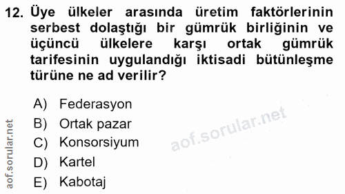 12. soru: Uye ülkeler arasında üretim faktörlerinin serbest dolaştığı bir gümrük birliğinin ve üçüncü ülkelere karşı ortak gümr…