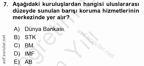 7. soru: Aşağıdaki kuruluşlardan hangisi uluslararası düzeyde sunulan barışı koruma hizmetlerinin merkezinde yer alır? A) Düny…