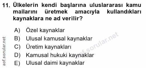 11. soru: Ülkelerin kendi başlarına uluslararası kamu mallarinı üretmek amacıyla kullandıkları kaynaklara ne ad verilir? A) Öze…