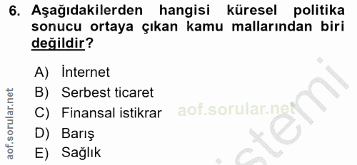 6. soru: Aşağıdakilerden hangisi küresel politika sonucu ortaya çıkan kamu mallarından biri değildir? A) Internet B) Serbest t…