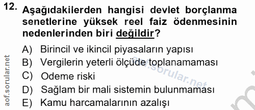 12. soru: Aşağıdakilerden hangisi devlet borçlanma senetlerine yüksek reel faiz ödenmesinin nedenlerinden biri değildir? A) Bir…