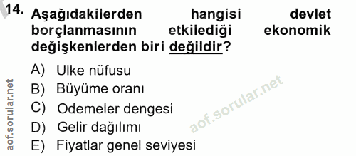 14. soru: Aşağıdakilerden hangisi devlet borçlanmasının etkilediği ekonomik değişkenlerden biri değildir? A) Ulke nüfusu B) Büy…
