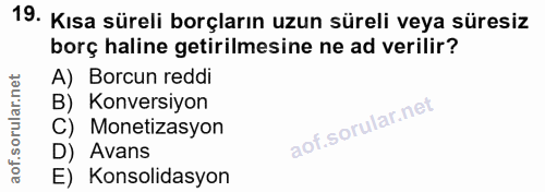 19. soru: Kısa süreli borçların uzun süreli veya süresiz borç haline getirilmesine ne ad verilir? A) Borcun reddi B) Konversiyo…