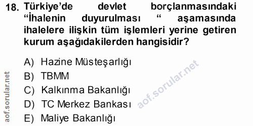 18. soru: Türkiye'de devlet borçlanmasındaki "İhalenin duyurulması aşamasında ihalelere ilişkin tüm işlemleri yerine getiren ku…