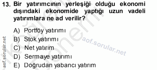 13. soru: Bir yatırımcının yerleşiği olduğu ekonomi dışındaki ekonomide yaptığı uzun vadeli yatırımlara ne ad verilir? A) Portf…