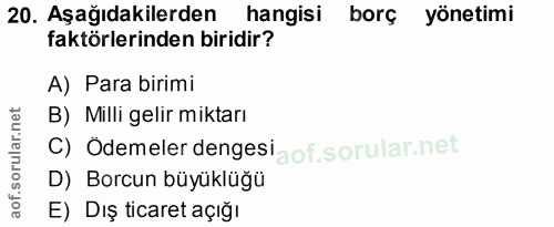 20. soru: Aşağıdakilerden hangisi borç yönetimi faktörlerinden biridir? A) Para birimi B) Milli gelir miktarı C) Ödemeler denge…