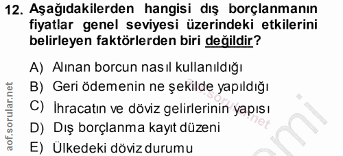 12. soru: Aşağıdakilerden hangisi dış borçlanmanın fiyatlar genel seviyesi üzerindeki etkilerini belirleyen faktörlerden biri d…