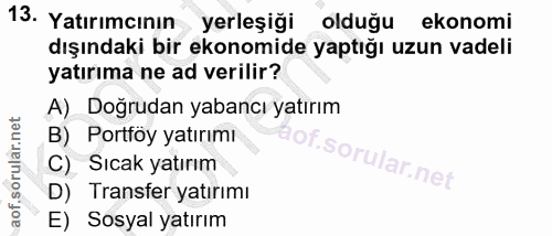 13. soru: Yatırımcının yerleşiğı olduğu ekonomi dışındaki bir ekonomide yaptığı uzun vadeli yatırıma ne ad verilir? A) Doğrudan…